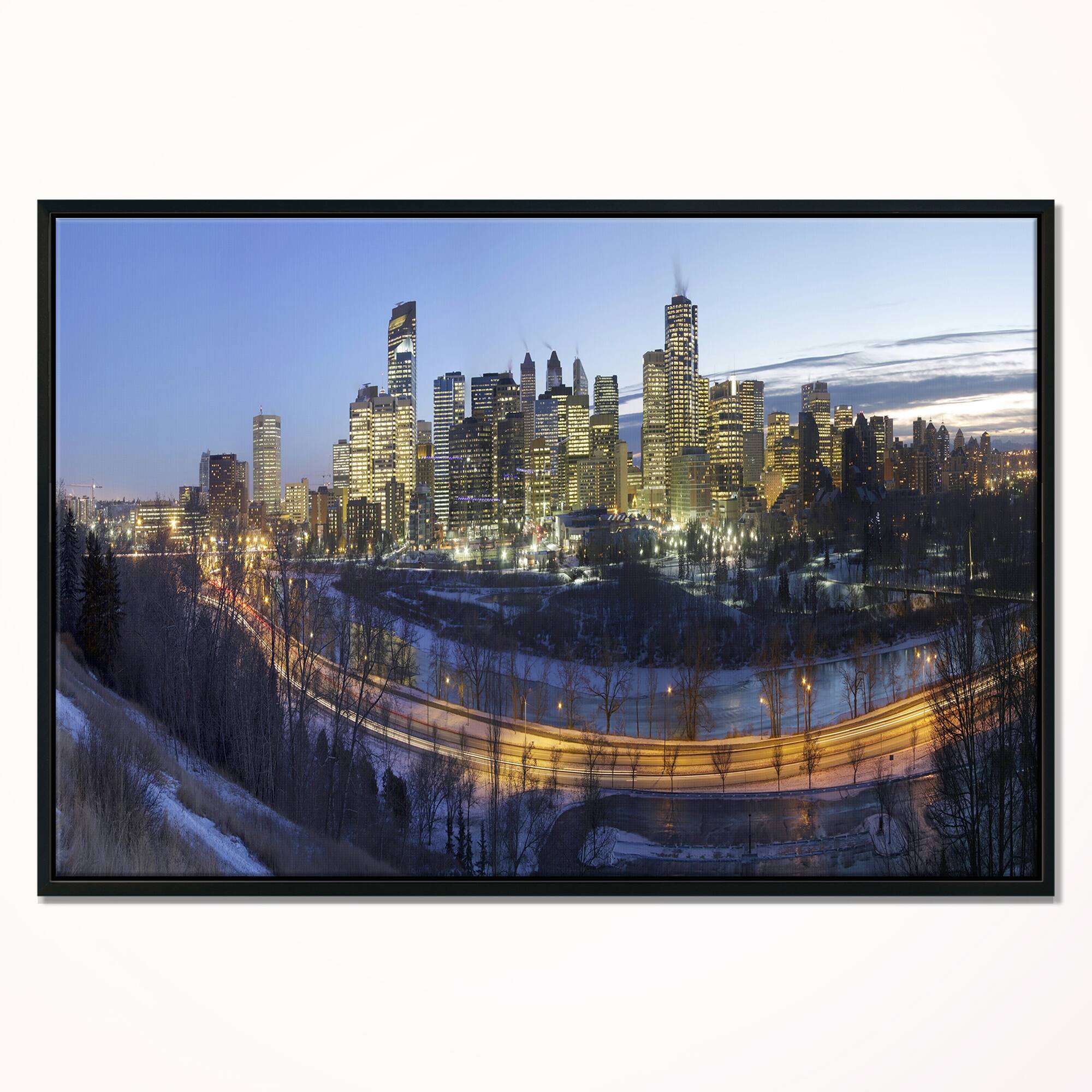 Designart "Downtown Calgary" Cityscape Photo Framed Canvas Print Bed