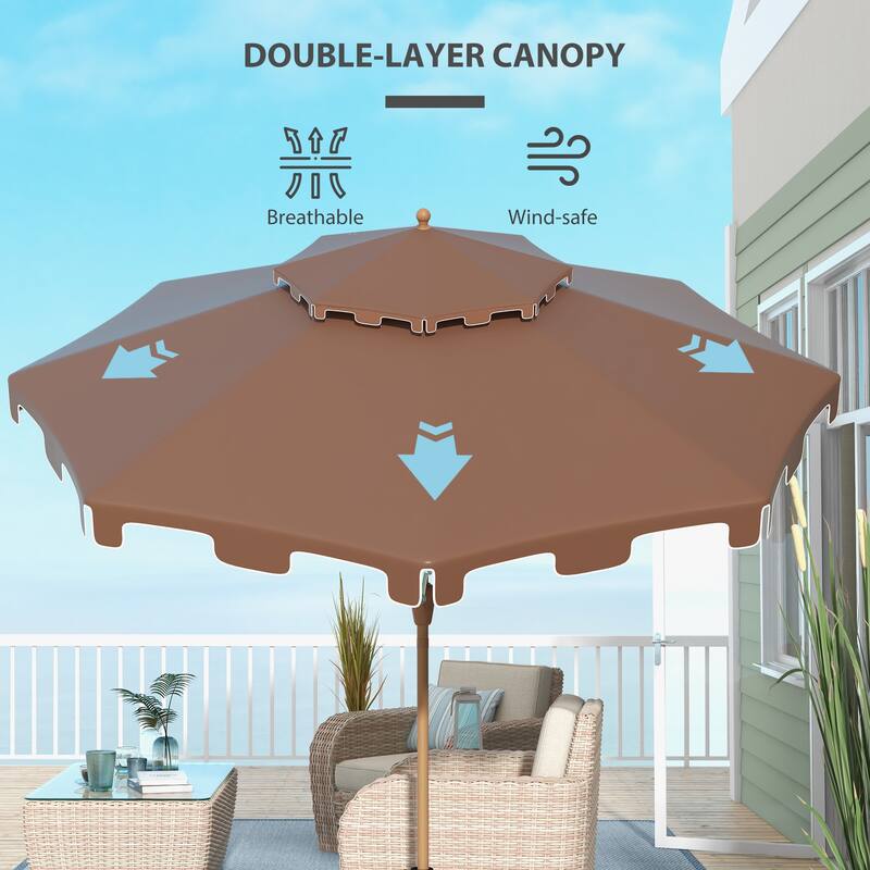 9-Foot Patio Umbrella with Tilt and Crank, Double Top Ruffled Outdoor Market Umbrella, 8 Ribs, Brown