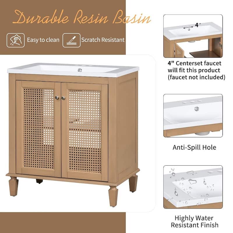 30" Wood Bathroom Vanity with Resin Sink with Hidden Drawer