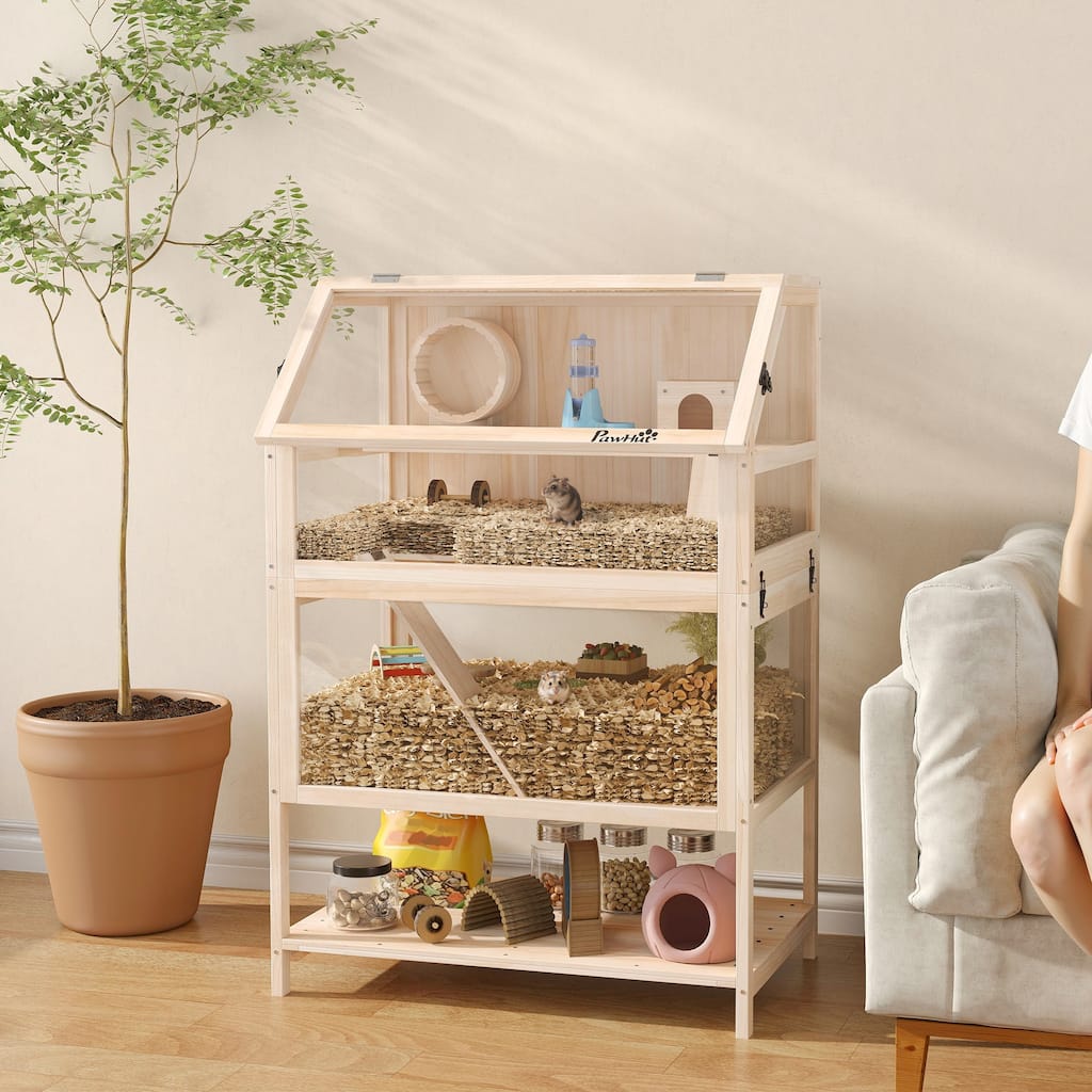 PawHut 46" H 3-Tier Wooden Hamster Cage with Storage Shelf & Wheel