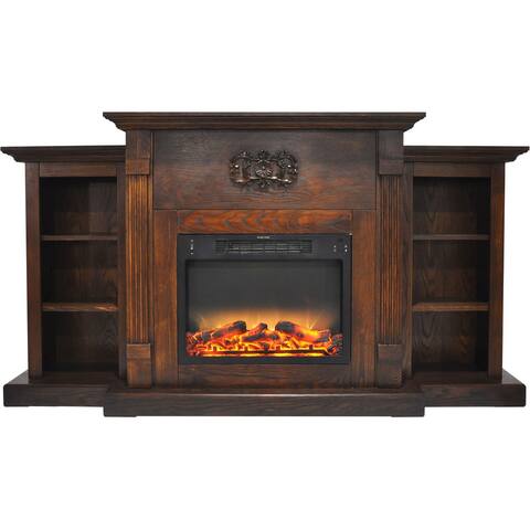Hanover Classic 72 In. Electric Fireplace in Walnut with Built-in Bookshelves and an Enhanced Log Display