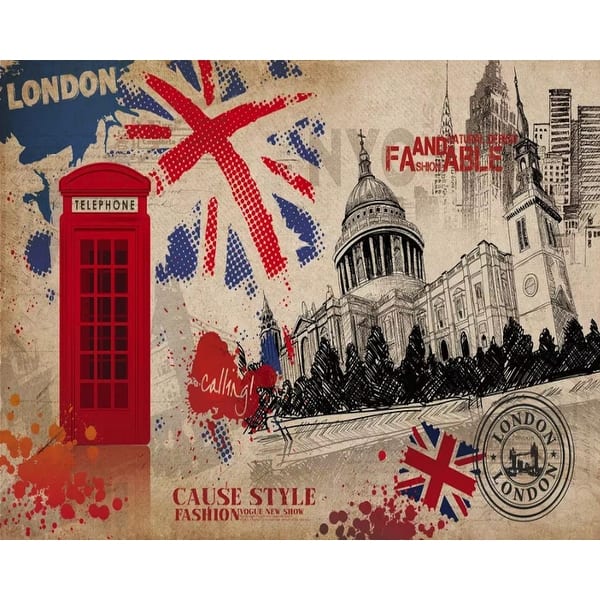London Landscape English Flag And Phone Booth Textile Wallpaper Overstock 31419668 London phone call communication telephone red payphone england british. usd
