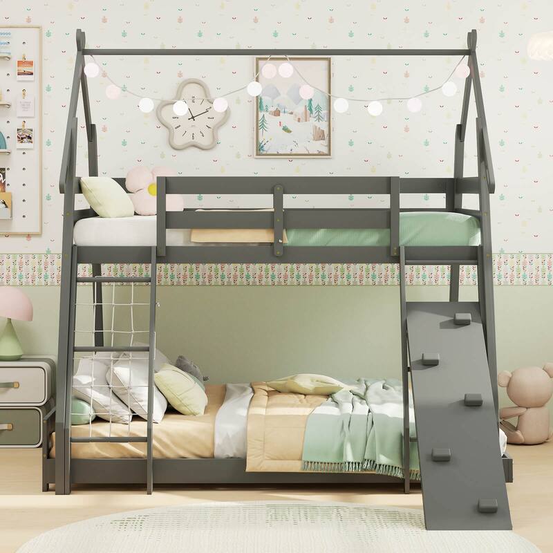 Costway Twin Over Queen Bunk Bed House Shaped Bed Frame with Climbing - See Details
