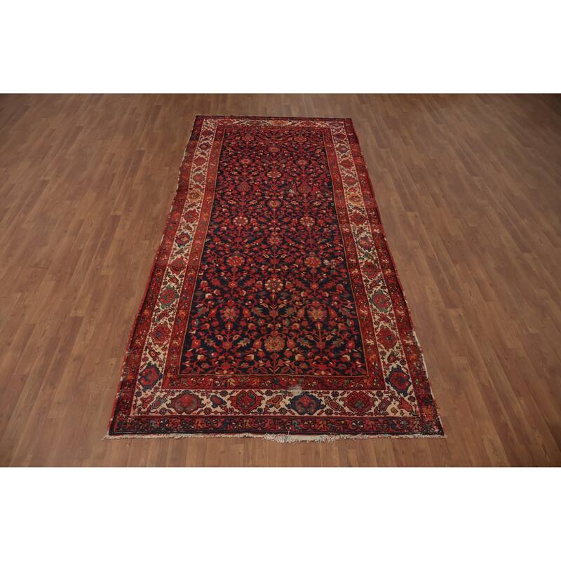 Hand Knotted Oriental 100% Wool Carpet Traditional Floral Navy Blue & Blues Malayer Area Rug - 11' 3'' X 5' 0''