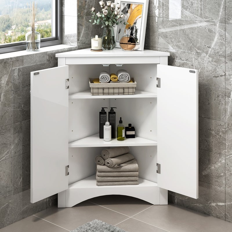 Corner Triangle Bathroom Storage Cabinet with Adjustable Shelves, Freestanding Floor Cabinet, Accent Cabinet for Living Room