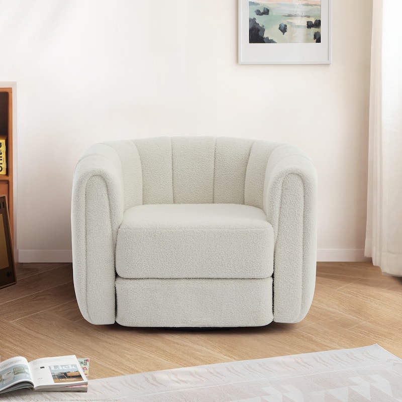 GDFStudio - Elodie Wide Teddy Swivel Armchair with Wooden Side Base, Modern Comfy Accent Chair