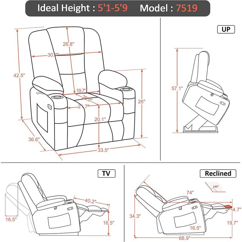 MCombo Power Lift Recliner Chair with Massage and Heat for Elderly, Extended Footrest, USB Ports, Faux Leather(Medium)