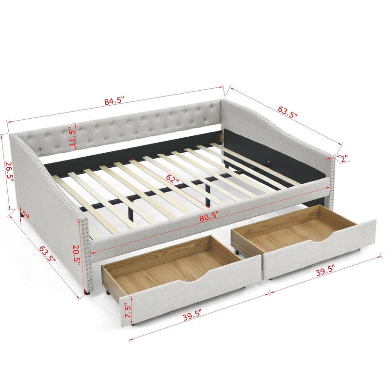 Mid-century Queen Size Beige Tufted Button Upholstered Sofa Bed with Drawers Daybed, Wavy Shape Arms Sofa with Nailhead Trimming