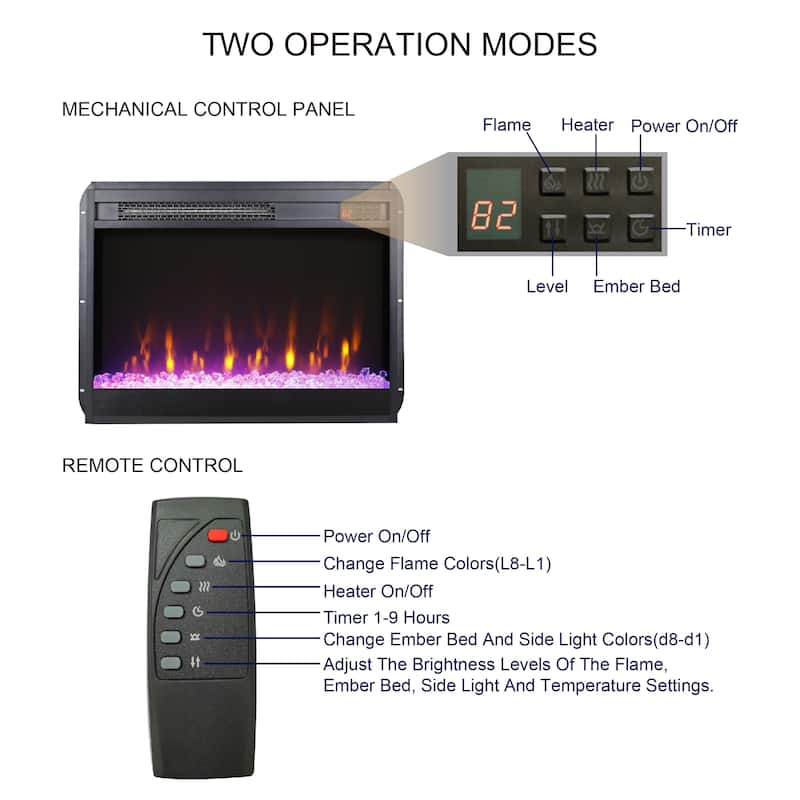 23 inch electric fireplace insert, ultra thin heater with crystal & realistic flame, remote control with timer