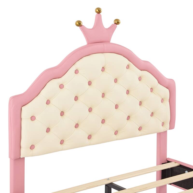 Lovely Crown-Shaped Princess Bed Frame with Tufted Headboard, Full/Twin Size PU Leather Upholstery for Girls Room