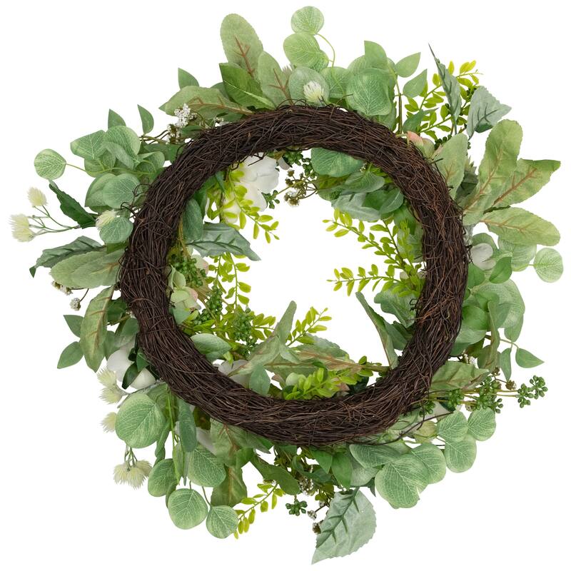 Hydrangea and Ranunculus Artificial Floral Eucalyptus Wreath - 23" - Cream and Green