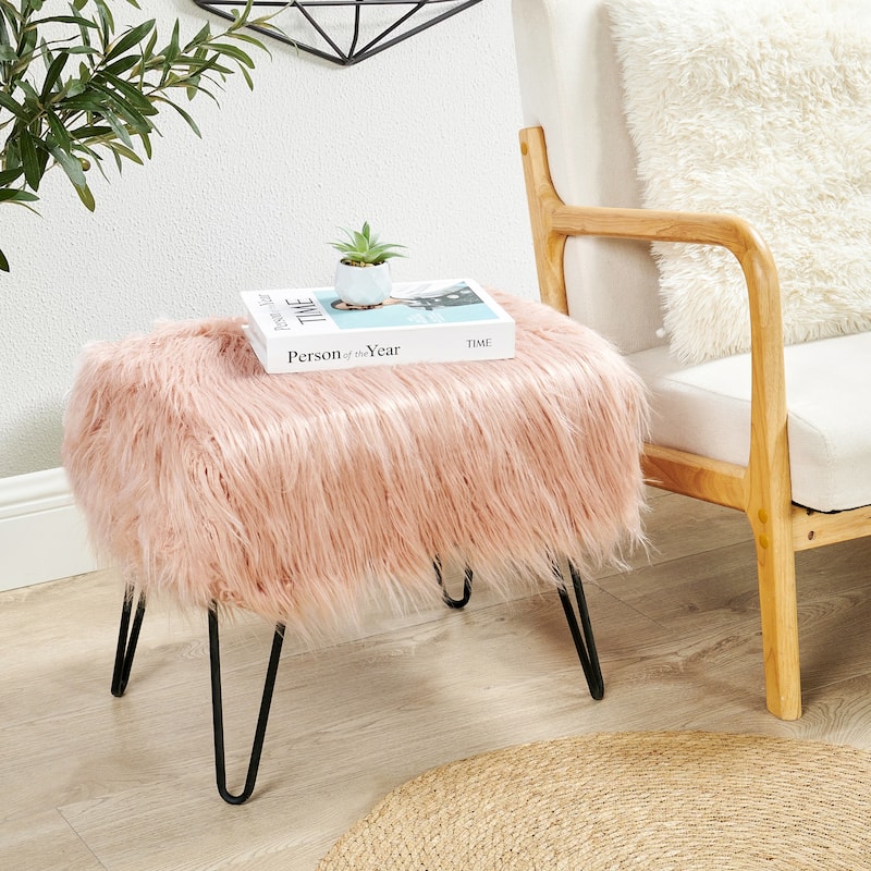 Mongolian Fauxfur Ottoman - 19"x 13"x17" - Rose
