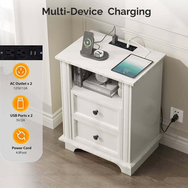 White MDF 2-Drawer Nightstand with Outlet, Black Brushed Handles, 19.7x13.8x25.8in - 1pc