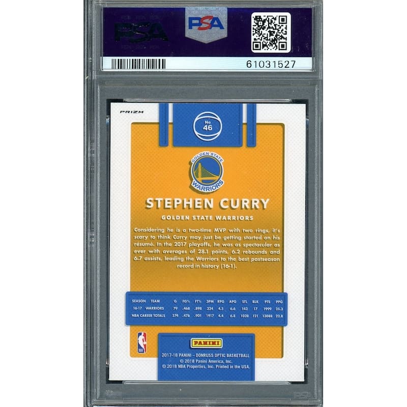 Stephen Curry 2017 Panini Donruss Optic Holo Basketball Card #46 Graded PSA 10 - 8'6" x 11'6"