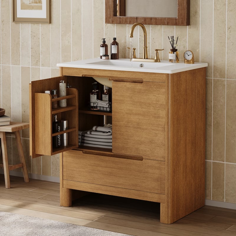 Christopher Knight Home - Harlow Modern 30" Bathroom Vanity with Ceramic Sink, Soft-Close Doors & Drawer, Adjustable Shelf