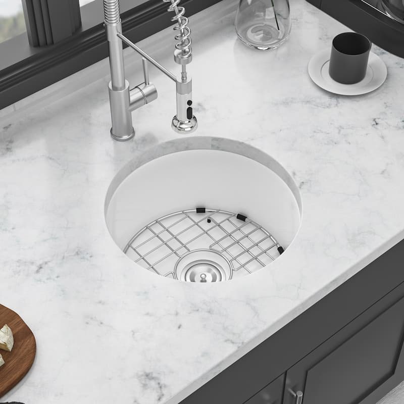 18'' Undermount Single Bowl Porcelain Fireclay Circular Kitchen Sink in White with Drain Assembly and Bottom Grid