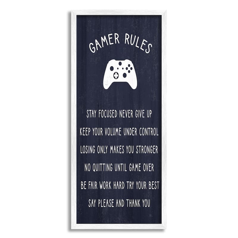 Stupell Blue Gamer Rules Motivational Phrases for Children Framed Wall Art