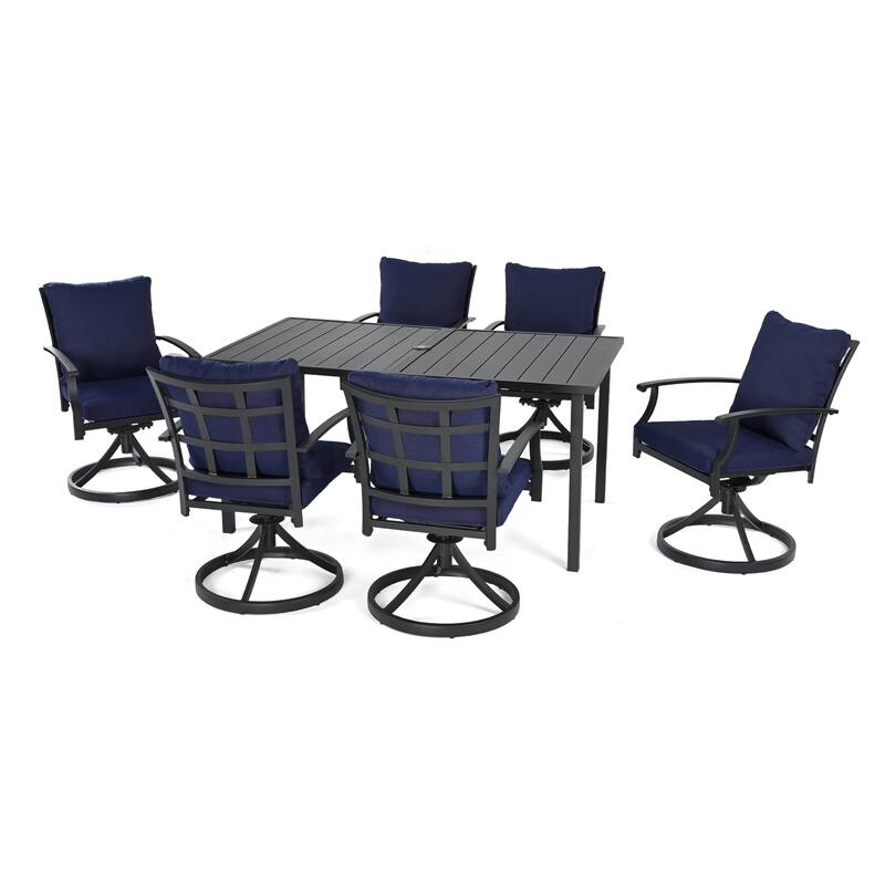 IvyGlow 7-Piece Black Metal Patio Dining Set with Rectangular Table, 6 Swivel Dining Chairs and Gray Cushions
