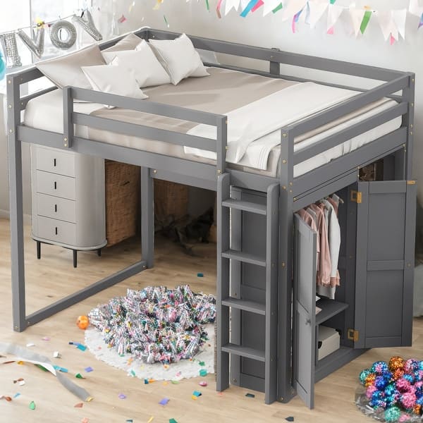 slide 2 of 18, Wood Full Size Loft Bed with Built-in Wardrobe, 4-Layer Storage Shelves, and LED Light - Gray