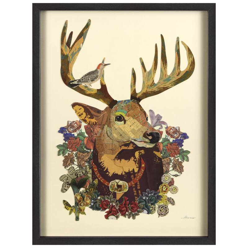 Empire Art "Mr. Deer" Alex Zeng's dimensional collage, under glass & a black shadow box frame