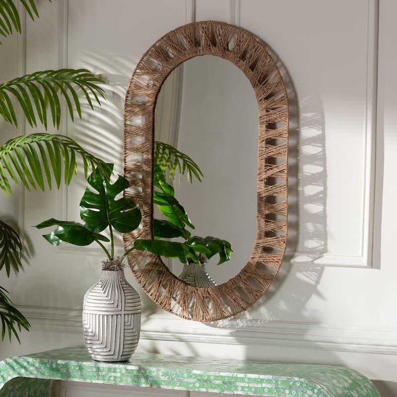 Geona Modern Bohemian Metal and Natural Brown Seagrass Accent Wall Mirror - Natural Brown