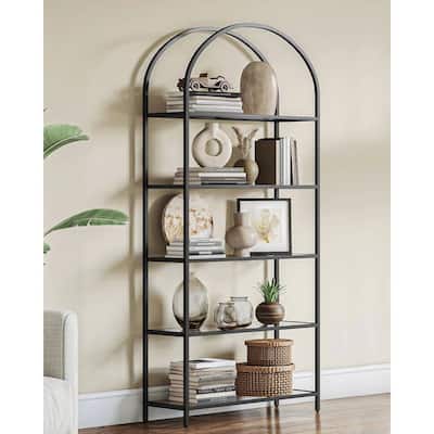 Modern Metal Arched Top Etagere Bookcase with 5 Glass Shelves Freestanding Display Rack - 32.7" x 11.9" x 72.2"