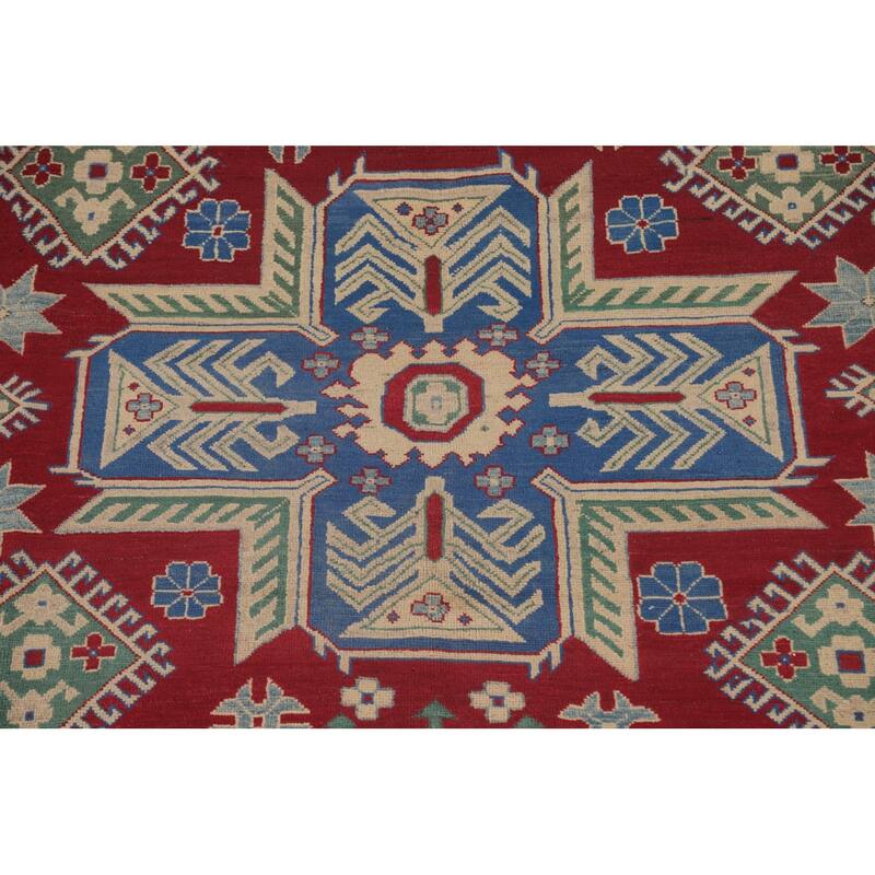 Red Geometric Kazak Area Rug Hand-Knotted Wool Carpet - 8'1" x 9'7"