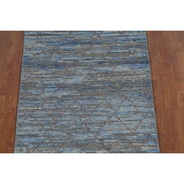12' Blue And Gray Wool Striped Hand Knotted Runner Rug 12' Blue And Gray Wool Striped Hand Knotted Runner Rug