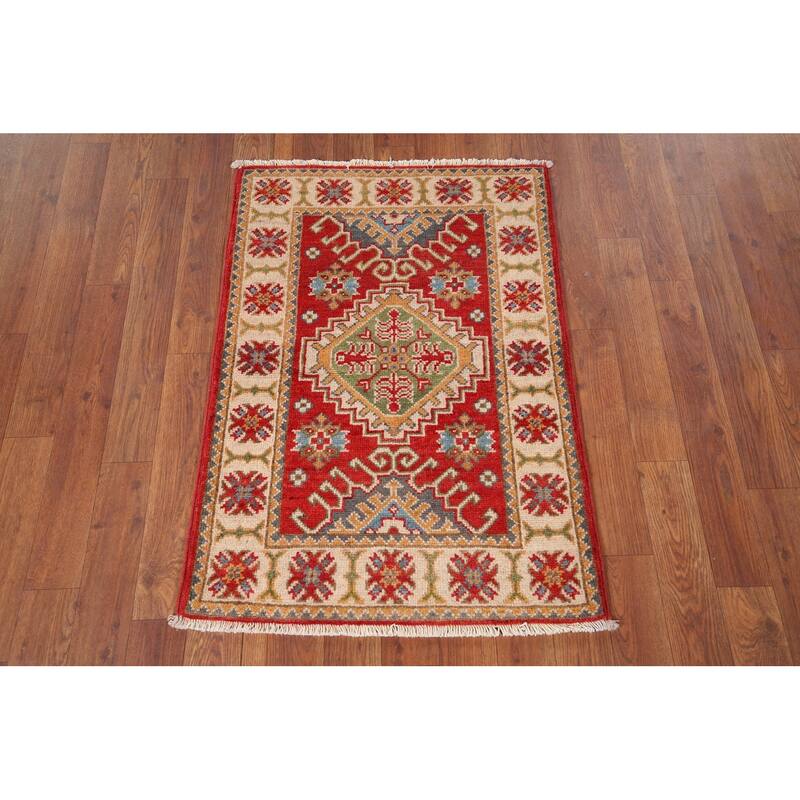 Geometric Kazak Oriental Accent Rug Hand-Knotted Wool Carpet - 2'1" x 2'11"