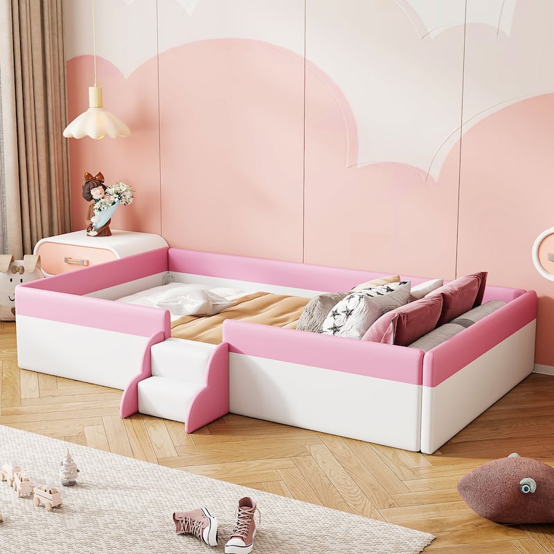 Upholstered Daybed Frame Two-color Grounded Toddler Floor Bed Low Profile Sofa Bed with Fence and Stairs Wood Slat Support Bed - Pink White - Twin
