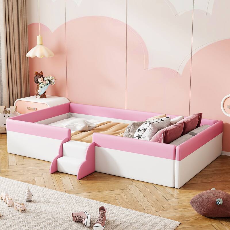 Upholstered Floor Bed Fence Bed Slat Platform Bed with Fence and Second Level Ladder, Anti-collision Frame for Kids Toddler - Pink/ White - Twin