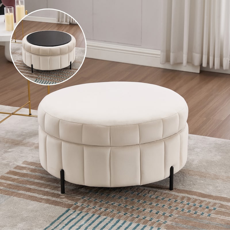 31.5"W Upholstered Round Ottoman With Reversible Lid, Velvet Storage Stool, Channel Tufted Pumpkin-shape Footstool - Beige