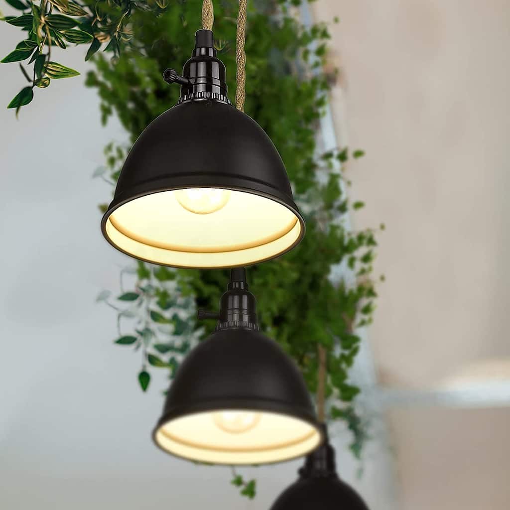 3-Light Pendant Light with Plug in Cord - 29FT Industrial Hanging Lamp with Twisted Hemp Rope Independent Switch
