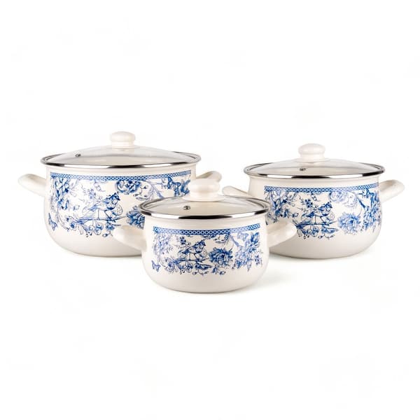 slide 2 of 7, STP Goods Bird of Paradise Enamel Belly Deep Stock Pot Set of 3