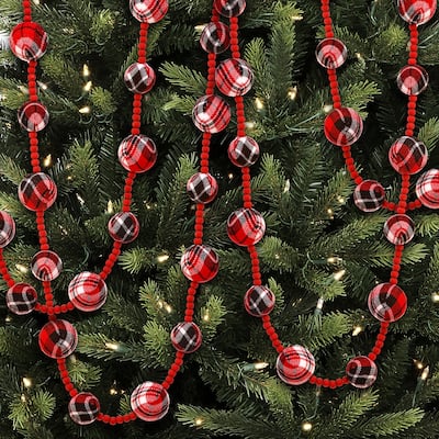48" Plaid Ball Wood Bead Garland Set of 2 - Red Black White - 48-Inch