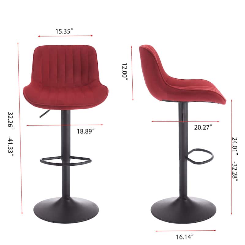 Set of 2 Adjustable Swivel Bar Stools, Red Velvet with Chrome Footrest & Blackened Legs