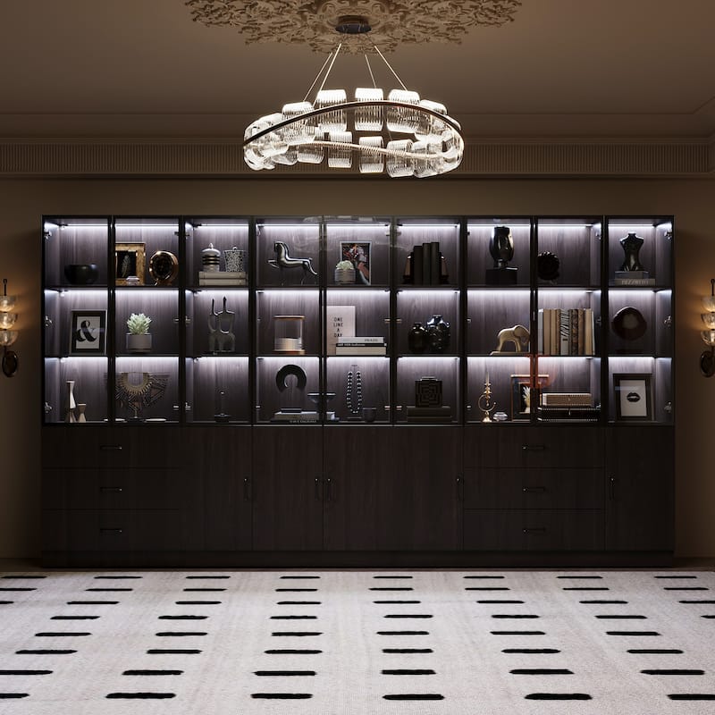 Bookshelves Bookcase Modular Glass Display Cabinet with LED Lights, Dark Wood Storage Combination Cabinet System