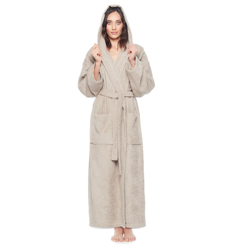 Women's Hooded Long Bathrobe Terry Cotton - Full Ankle Length Spa Robe - Latte - L/XL