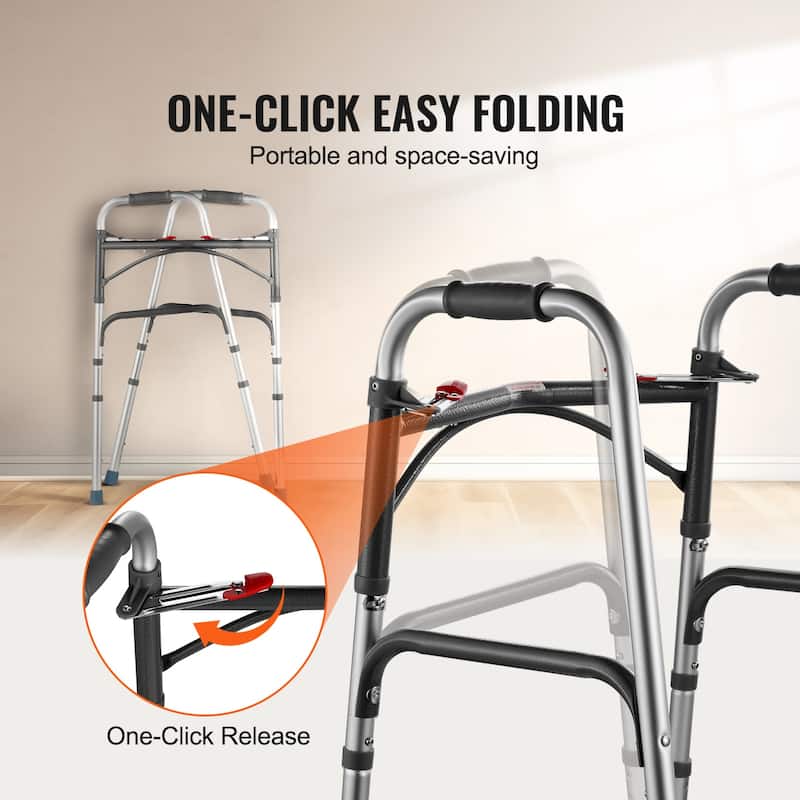 Folding Walker, 2-Button Folding Walkers, Front Wheeled Rolling Walkers for Seniors and Adults, Up to 350 Pounds