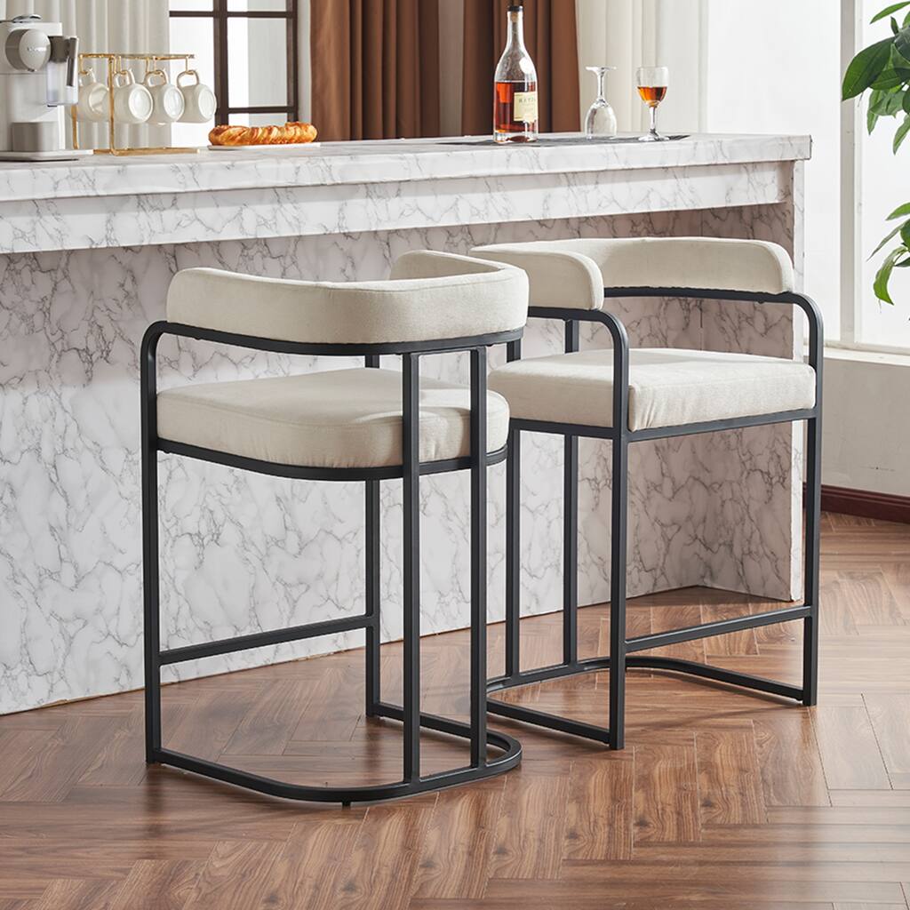 Fabric Upholstered Bar Stools Set of 2, Counter Height Bar Stools with Barrel Back, Dining Chair with Metal Frame and Arms