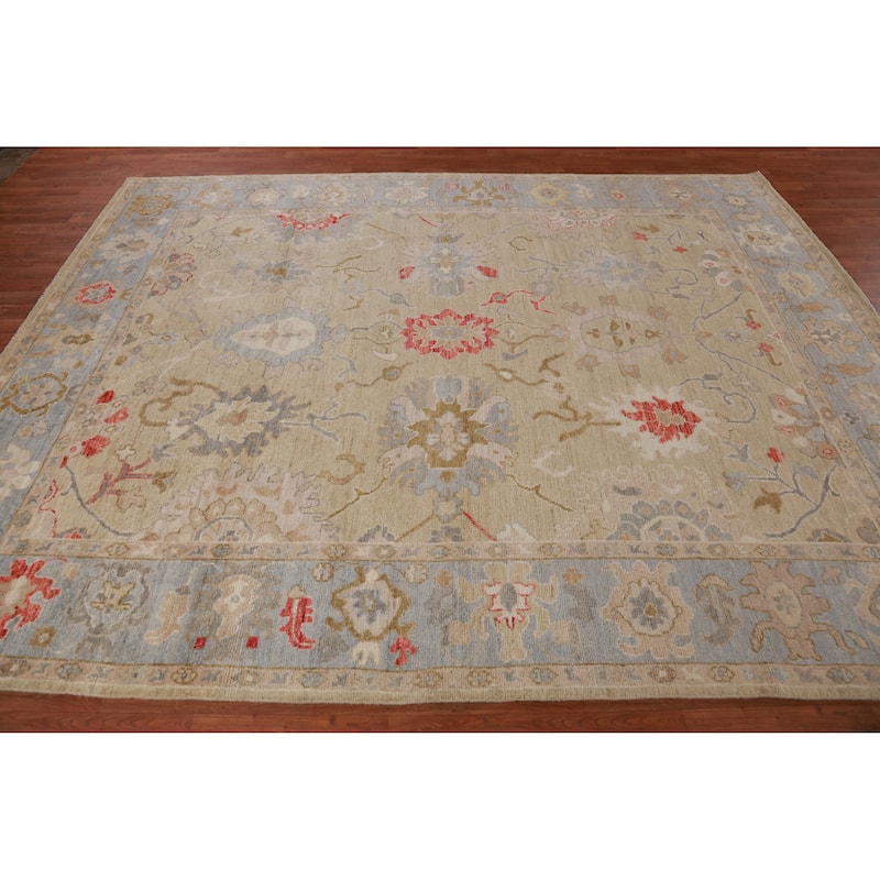 Hand Knotted Oriental 100% Wool Carpet Transitional All-Over Beige & Ivories Oushak Area Rug - 9' 10'' X 7' 9''