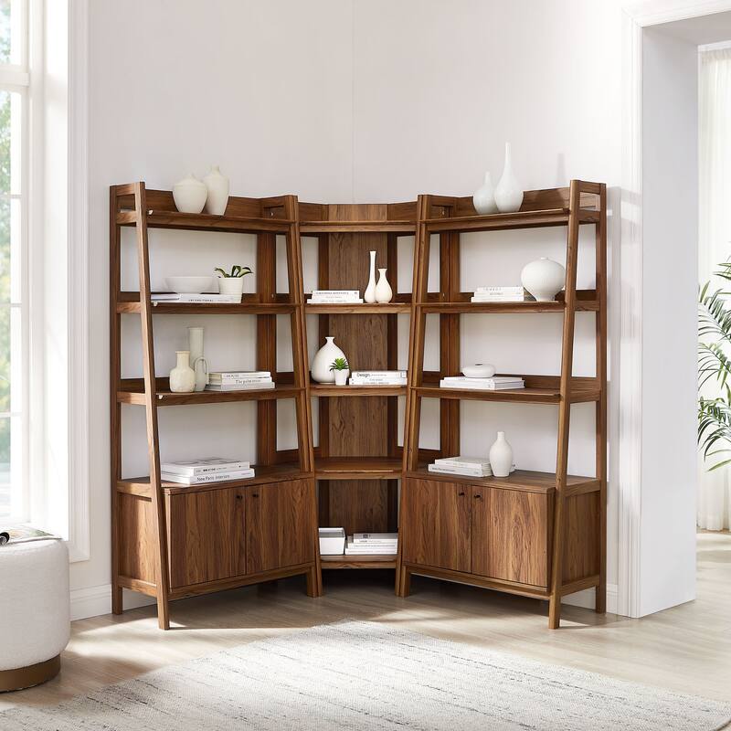 Bixby 3-Piece Corner Bookshelf Set with Wide Bookshelves - Walnut