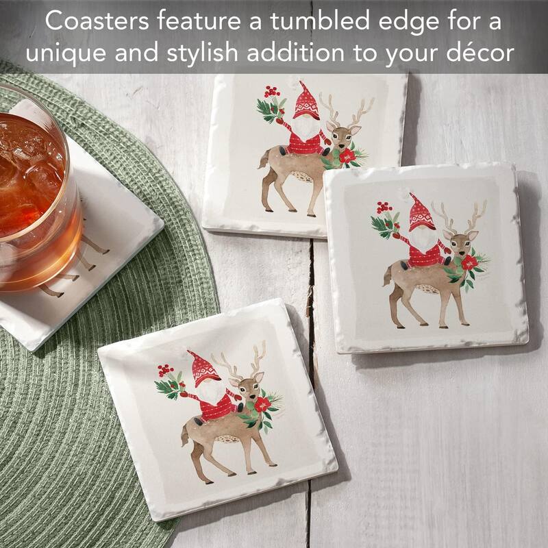 Gnome On Deer Absorbent Stone Tumbled Tile Coaster 4 Pack with Protective Cork Backing Manufactured in The USA