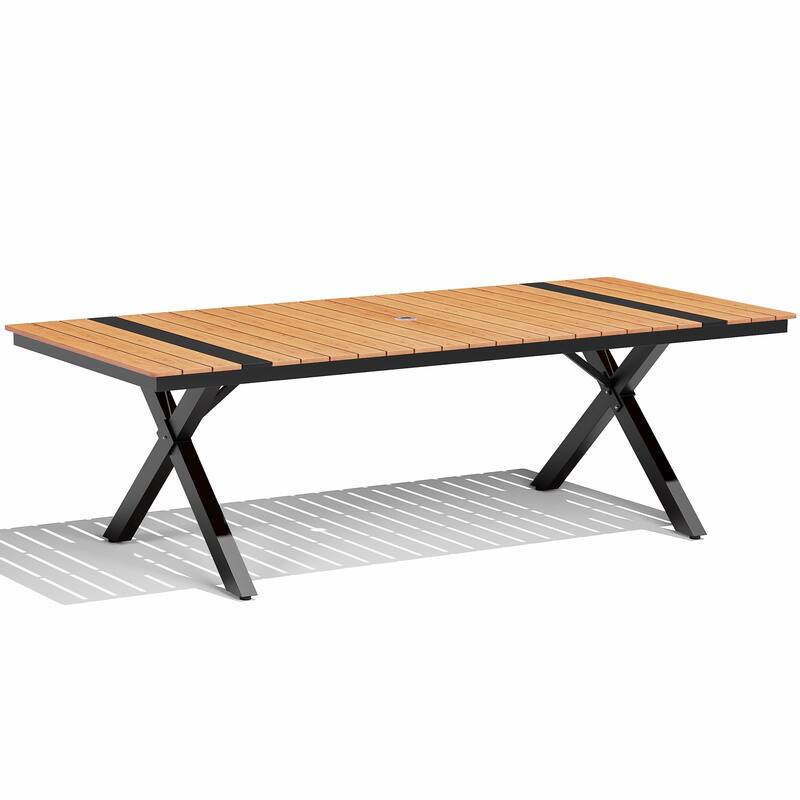 Outdoor Patio Aluminum Dining Rectangular Table with Umbrella Hole - Brown - 94.33 inches long