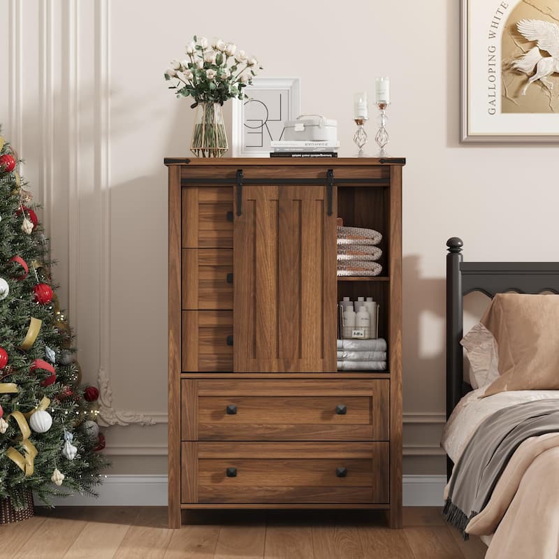 Farmhouse 5 Drawer Dresser for Bedroom, Wood Chest with Sliding Barn Door, Adjustable Shelf