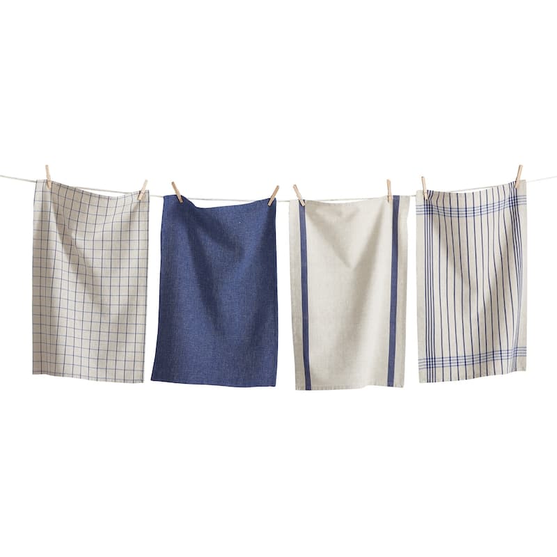 Prairie Woven Dishtowel Set of 4 Blue Multi Cotton Kitchen Towels Machine Wash 26x18 Everyday Use
