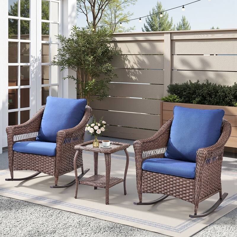 Pocassy Outdoor Wicker Rocking Chairs Table Sets of 3 - Brown & Blue