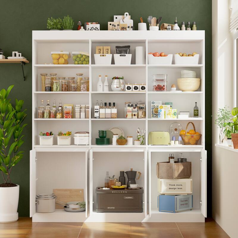 Pantry Large White Storage Cabinet 5-Door Bottom Cabinets & Open Display Shelving for Kitchen or Living Room