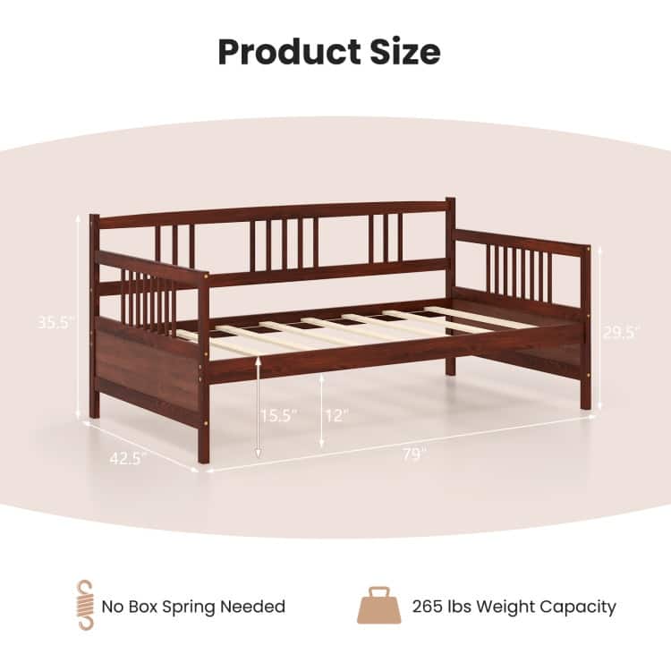 Cherry Pine Wood Twin Daybed Frame with Storage Space and Durable Slat Support