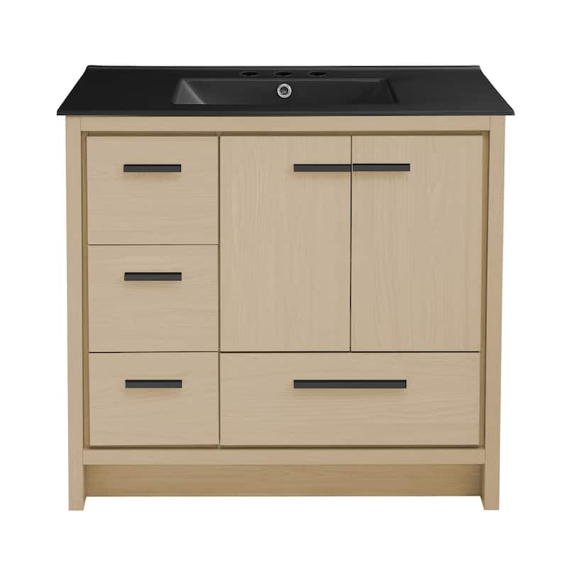 Virage 36 In. Brown Oak Bathroom Vanity With Black, 3-Hole Ceramic Sink Top
